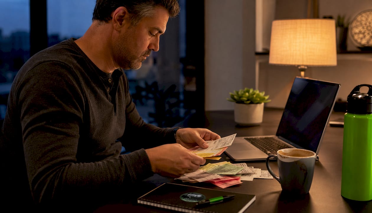 Overhead view of man managing betting receipts