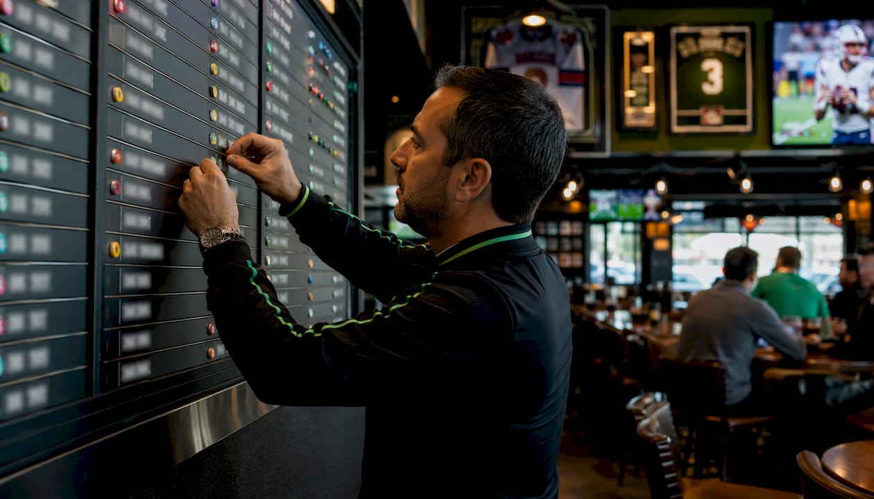 Hands adjusting betting odds boards in bookmaker