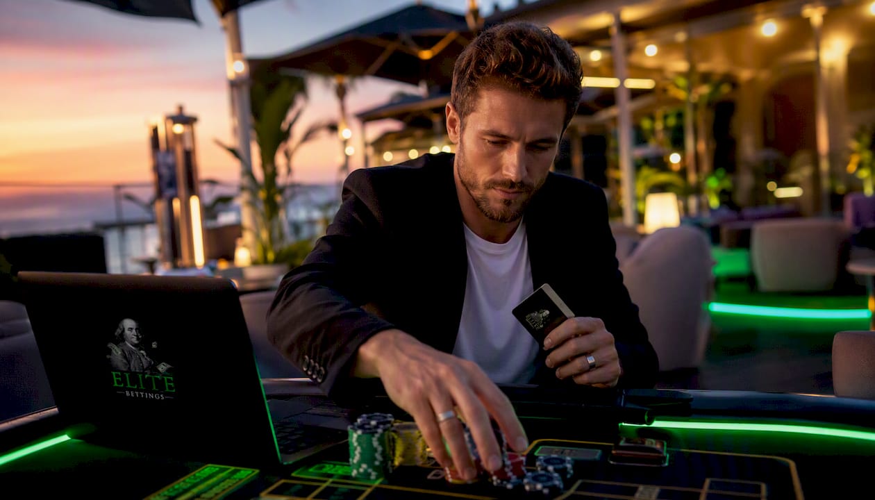 Hands with casino loyalty card on poker table