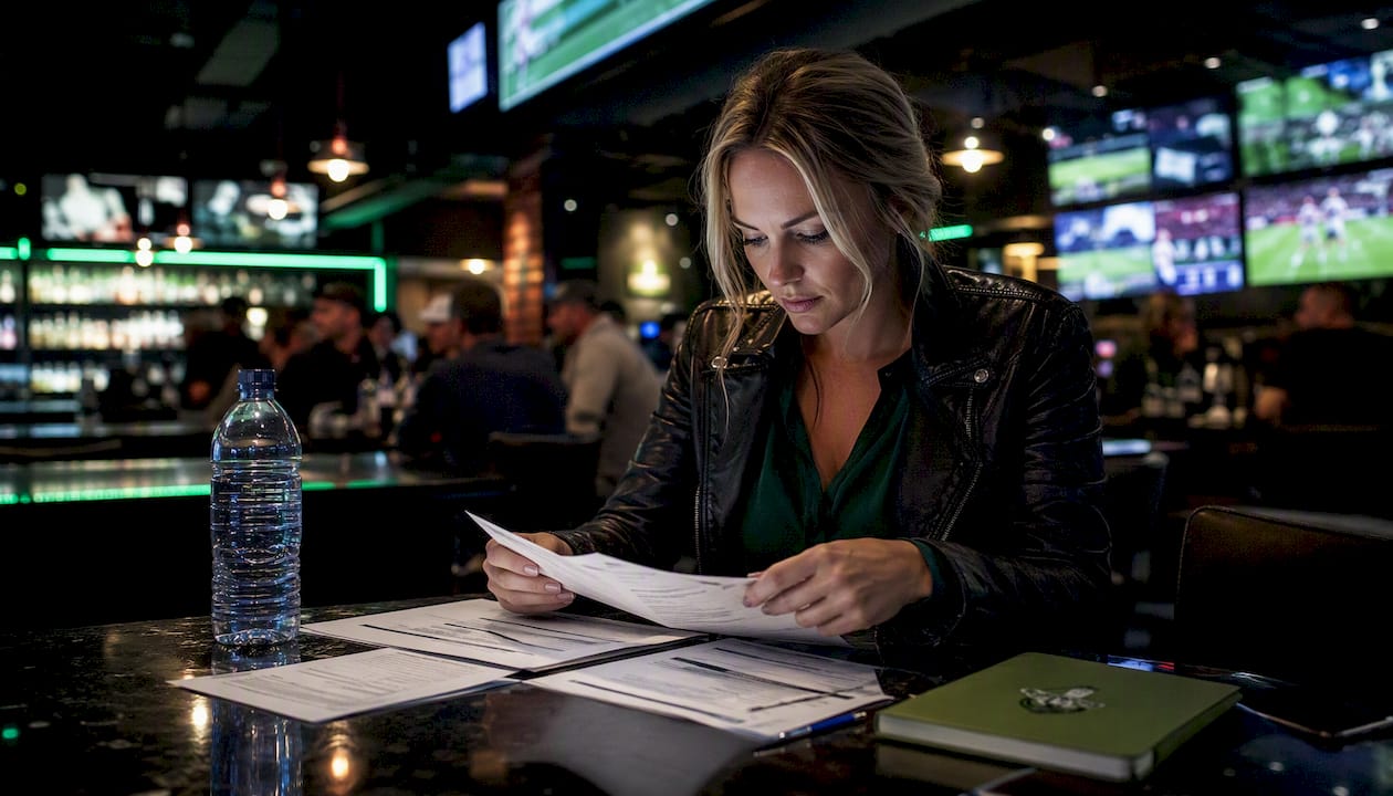 Female analyst reviewing injury reports at desk