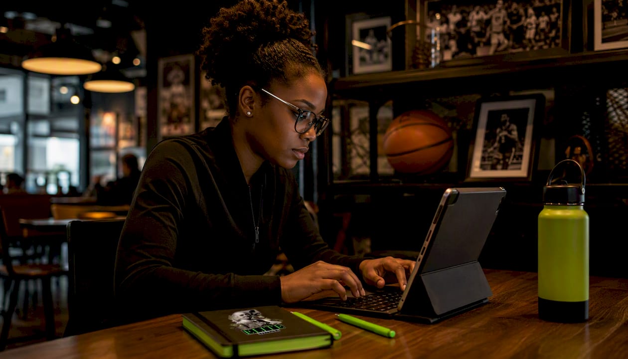 Female sports analyst working on basketball data