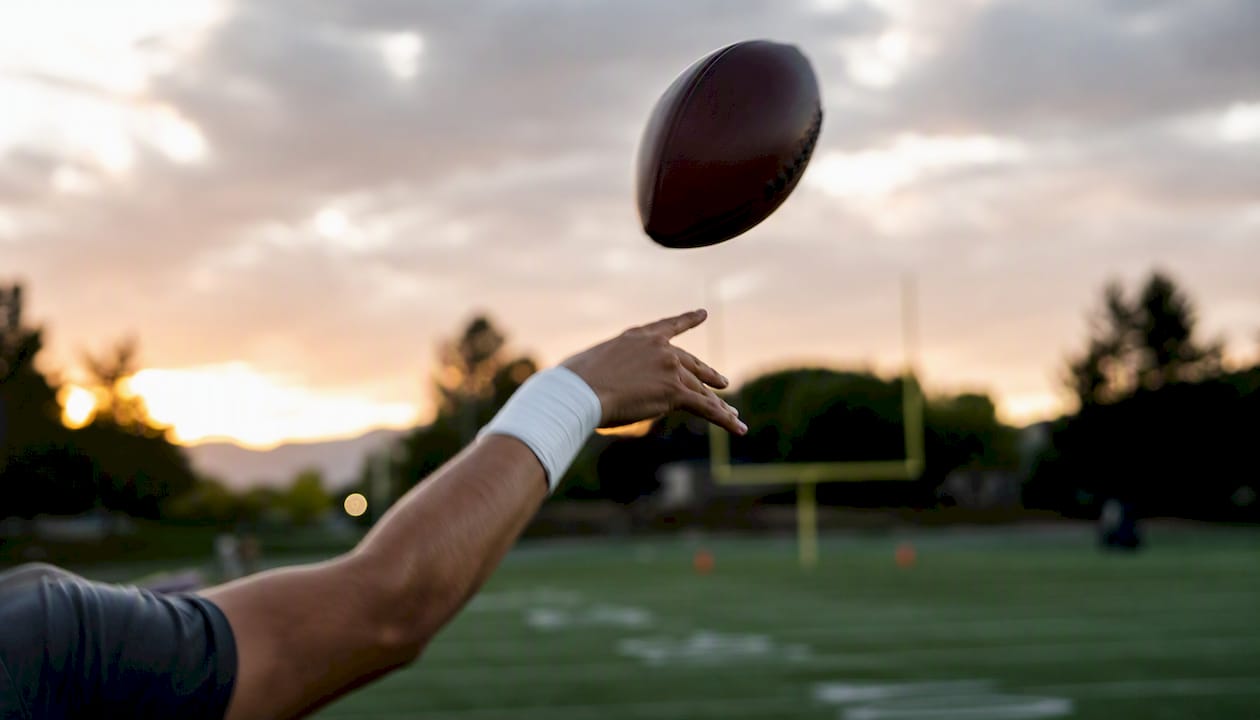 Quarterback throwing football close-up