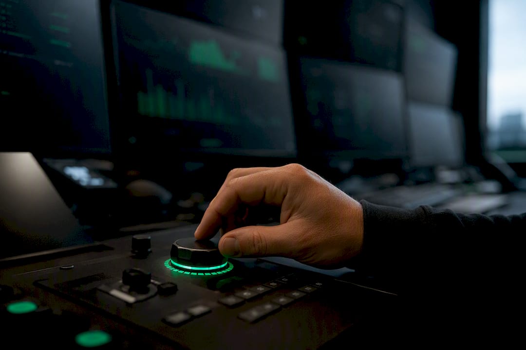 Hand adjusting neon green-lit control knob on console