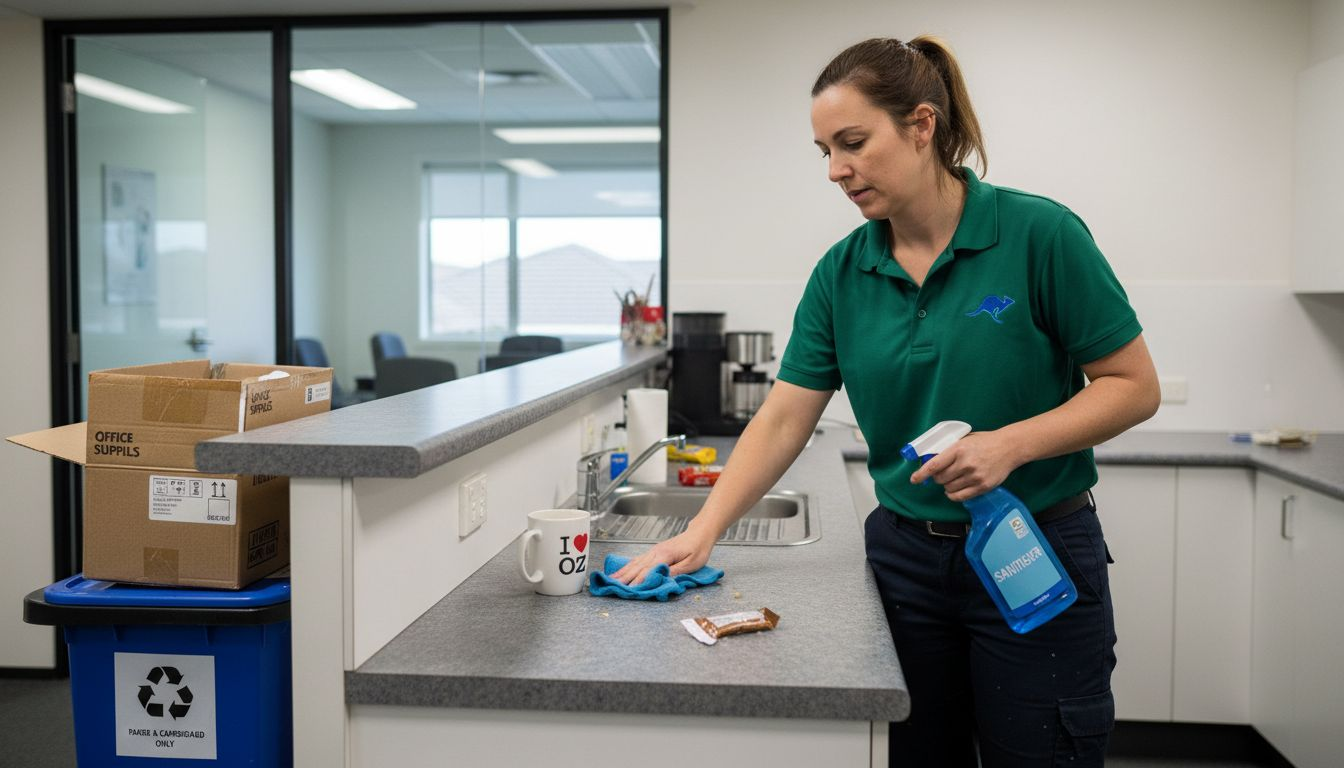 Cleaner sanitising workplace kitchenette surfaces