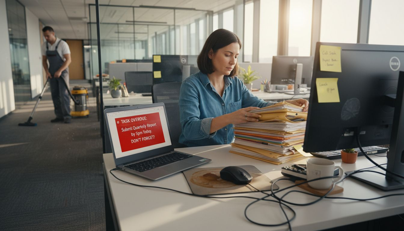 Employee at desk while cleaner vacuums hallway