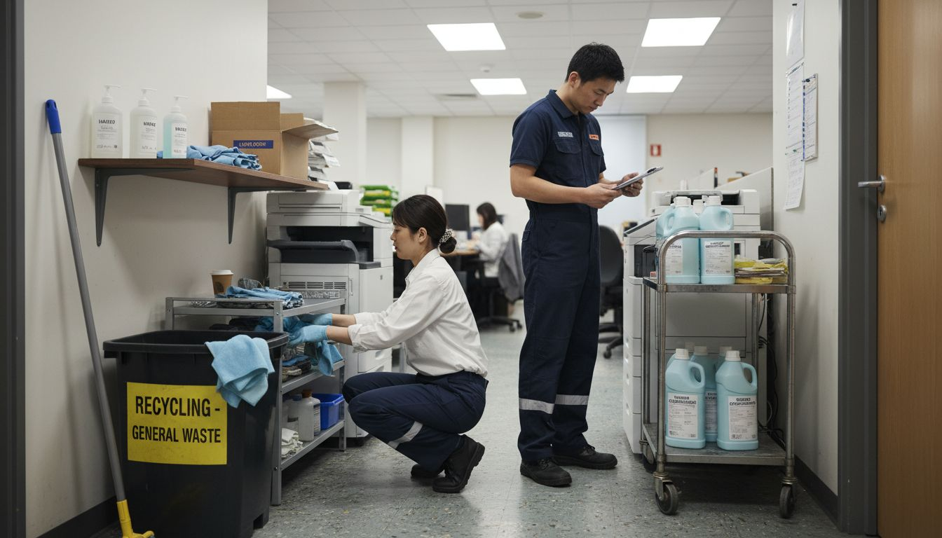 Team preparing cleaning equipment in office