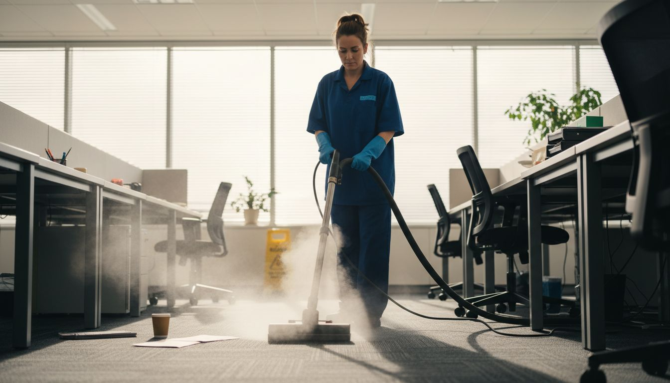 Technician steam cleaning open-plan office carpet
