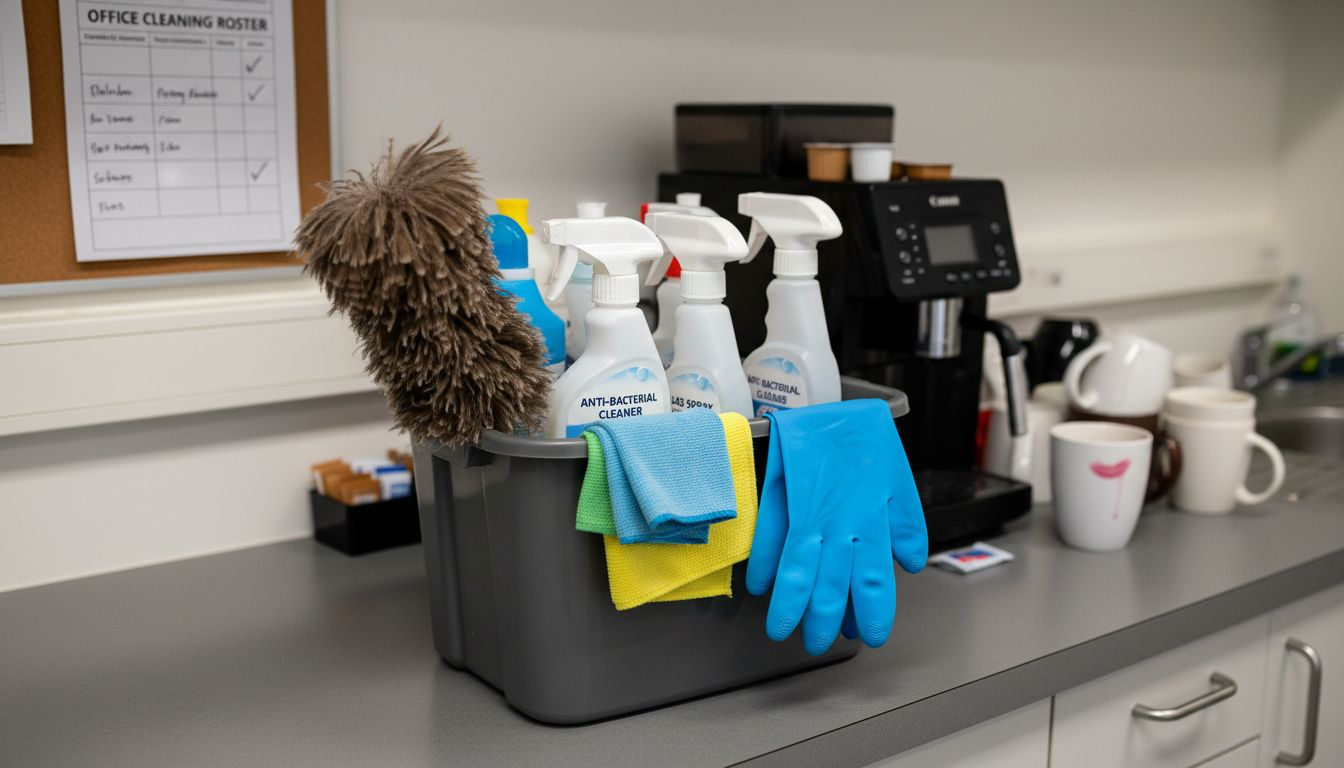 Organized cleaning caddy on office counter