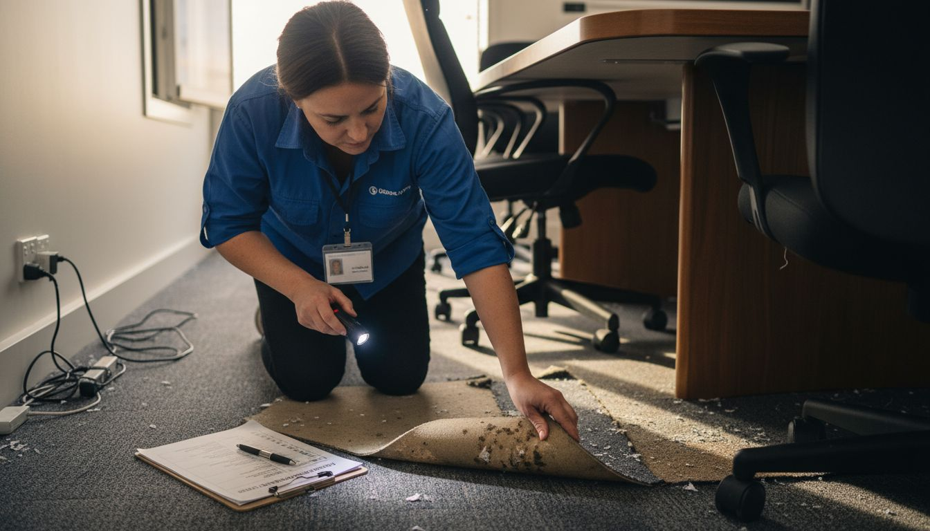 Technician inspecting office carpet before cleaning