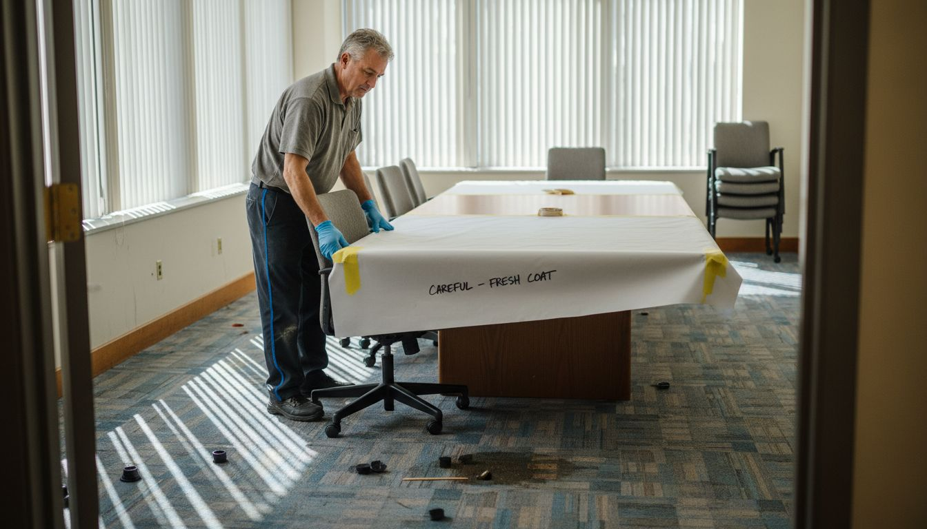 Preparing workspace by moving furniture off carpet
