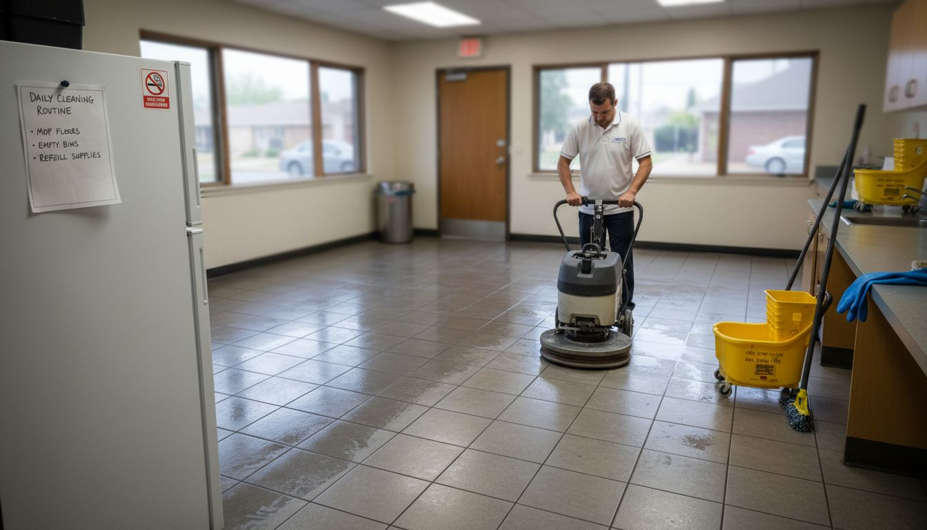 Deep cleaning office floor process in action