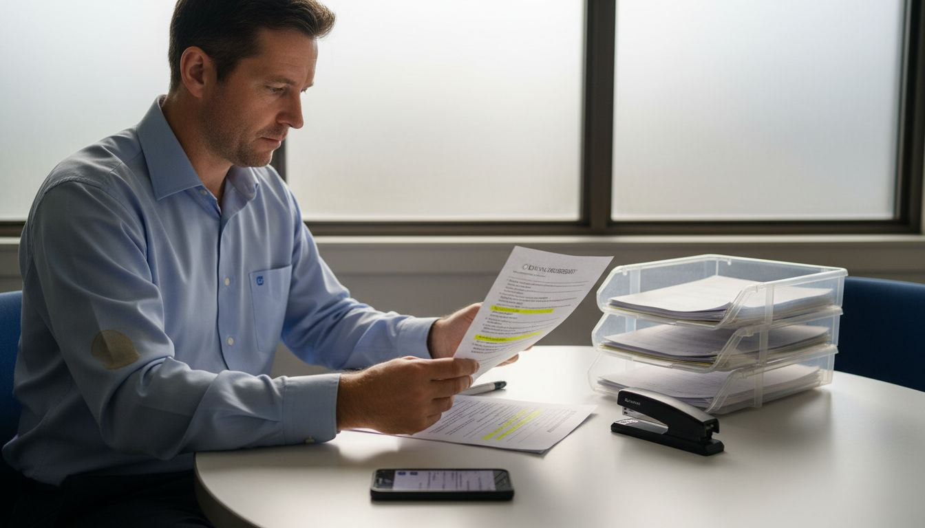 Office administrator reviews cleaning contract paperwork