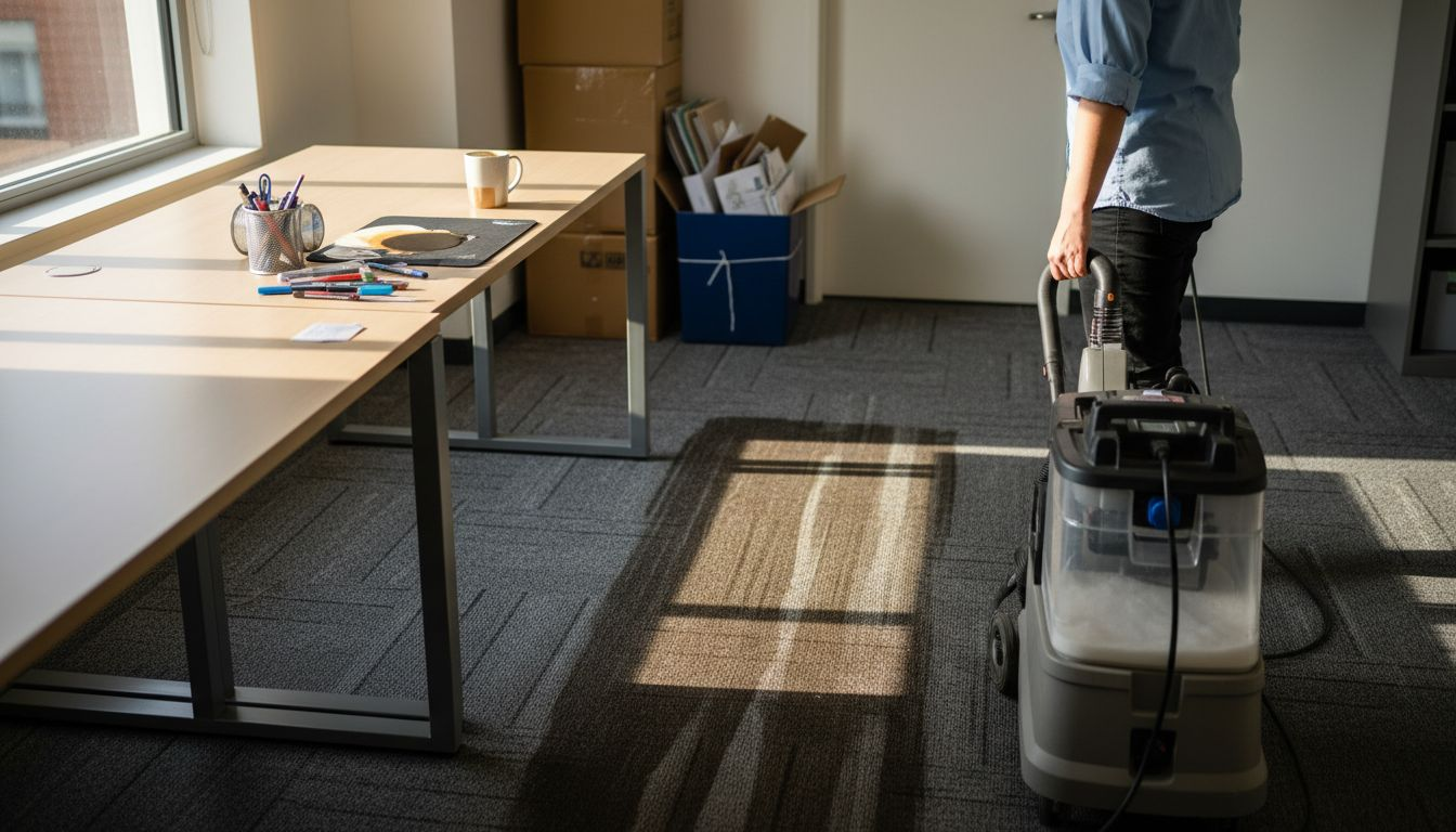 Office worker using steam cleaner on carpet lines