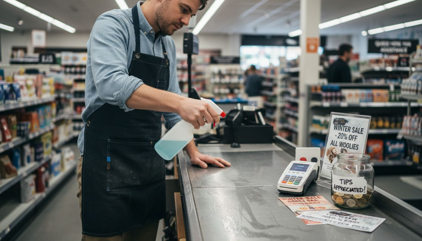 Retail staff cleaning checkout counter surface