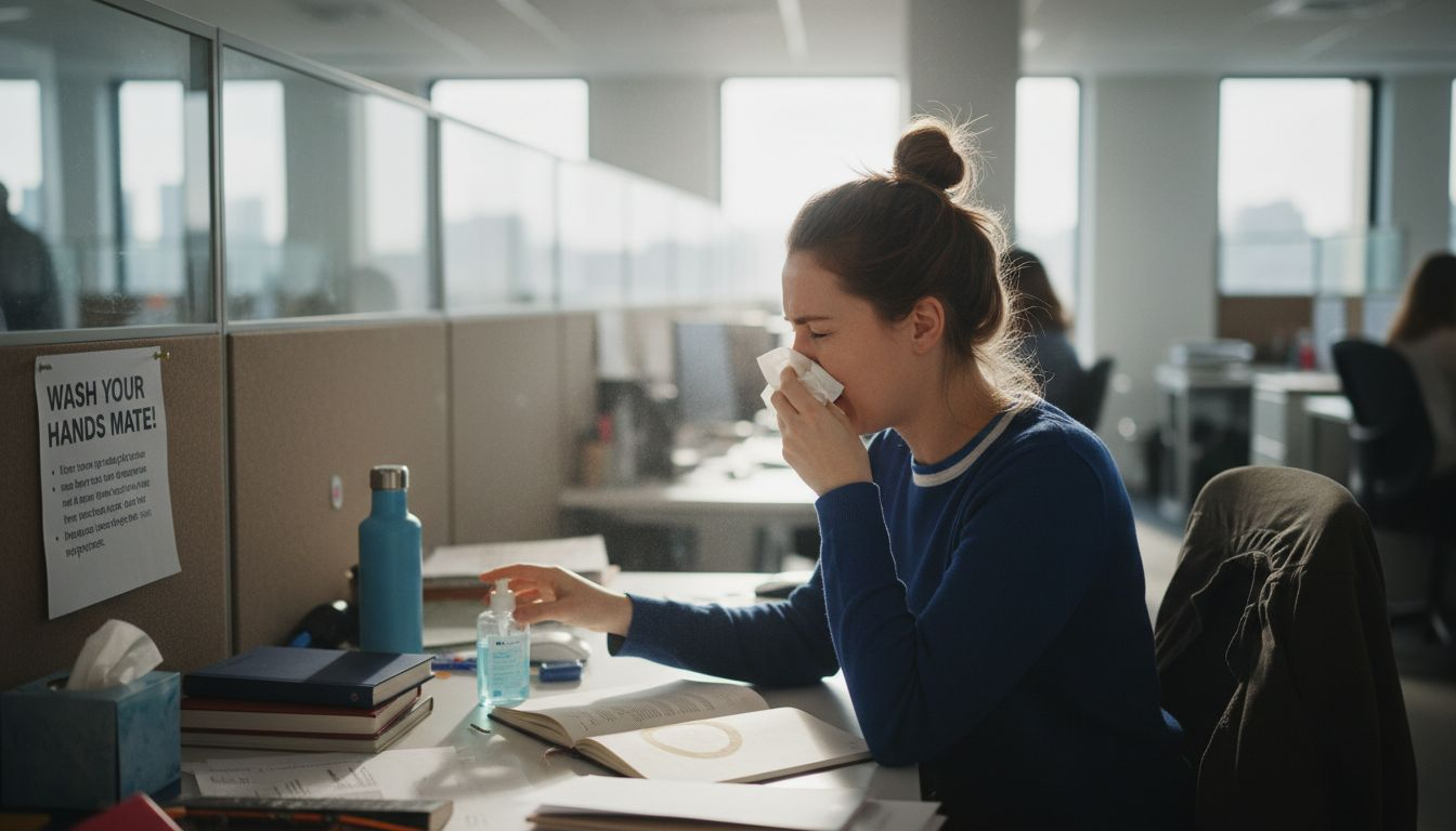 Employee using hand sanitizer at cluttered desk