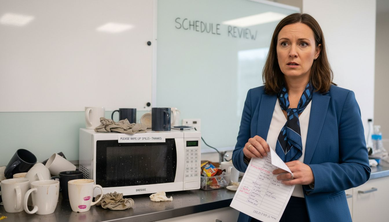Manager reviewing poorly kept office kitchenette