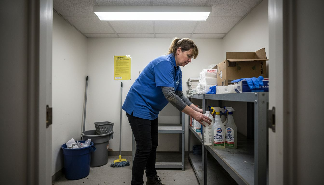 Janitorial supply station in crowded closet