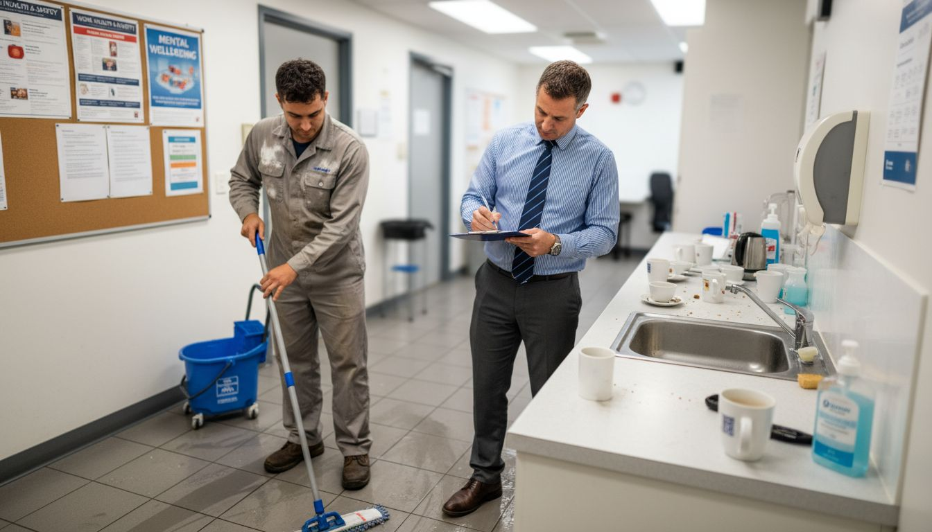 Janitor and manager reviewing cleaning compliance