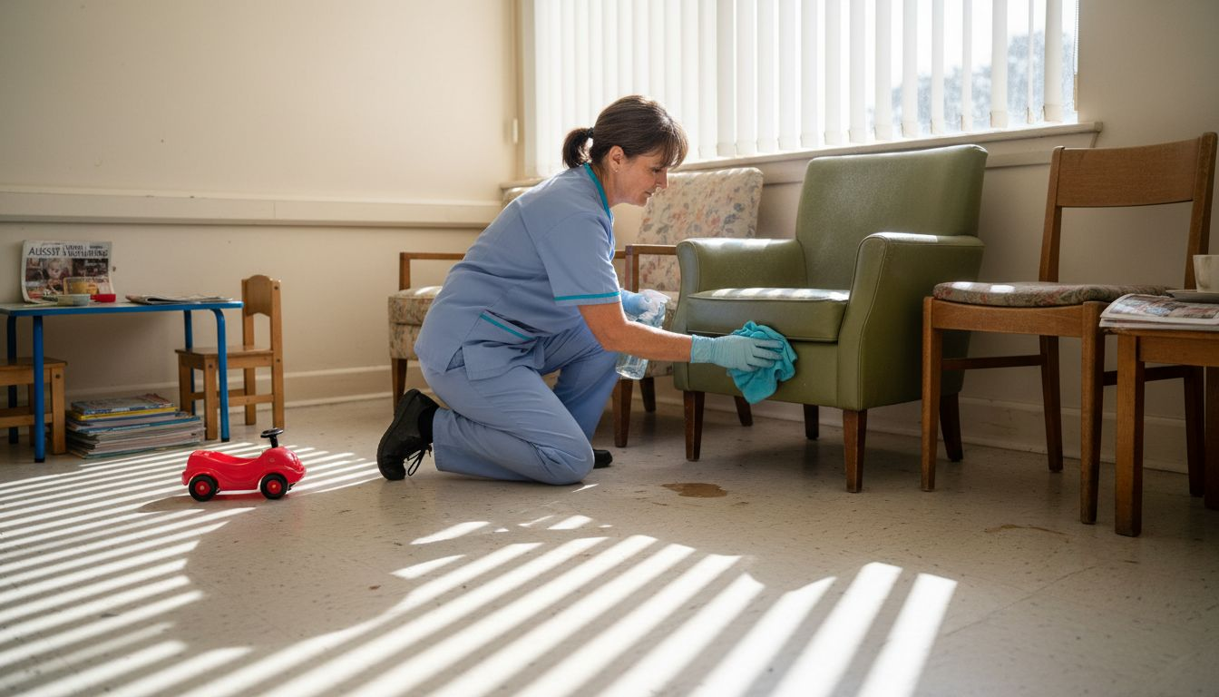 Cleaning staff disinfecting clinic waiting room chair