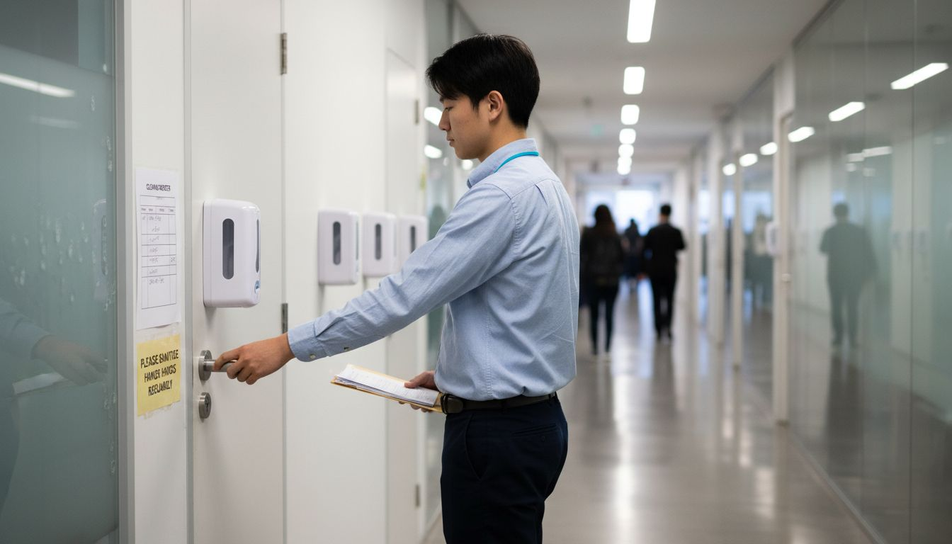 Employee touching sanitized door handle