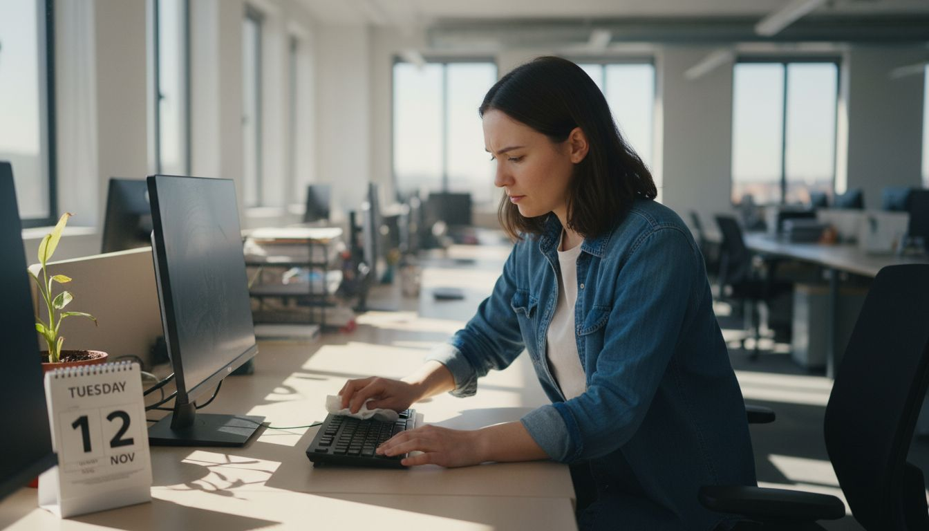 Employee disinfects desk in shared office