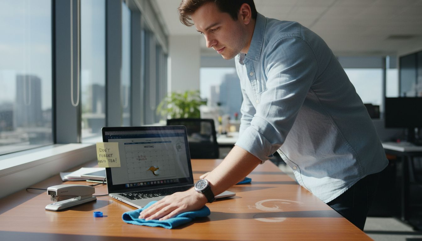 Office worker cleaning shared work surface