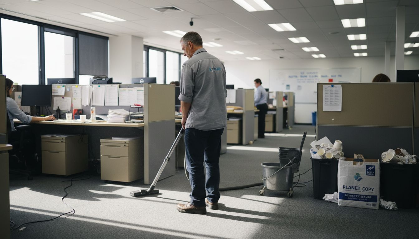 Janitor vacuuming near cubicles with mop bucket