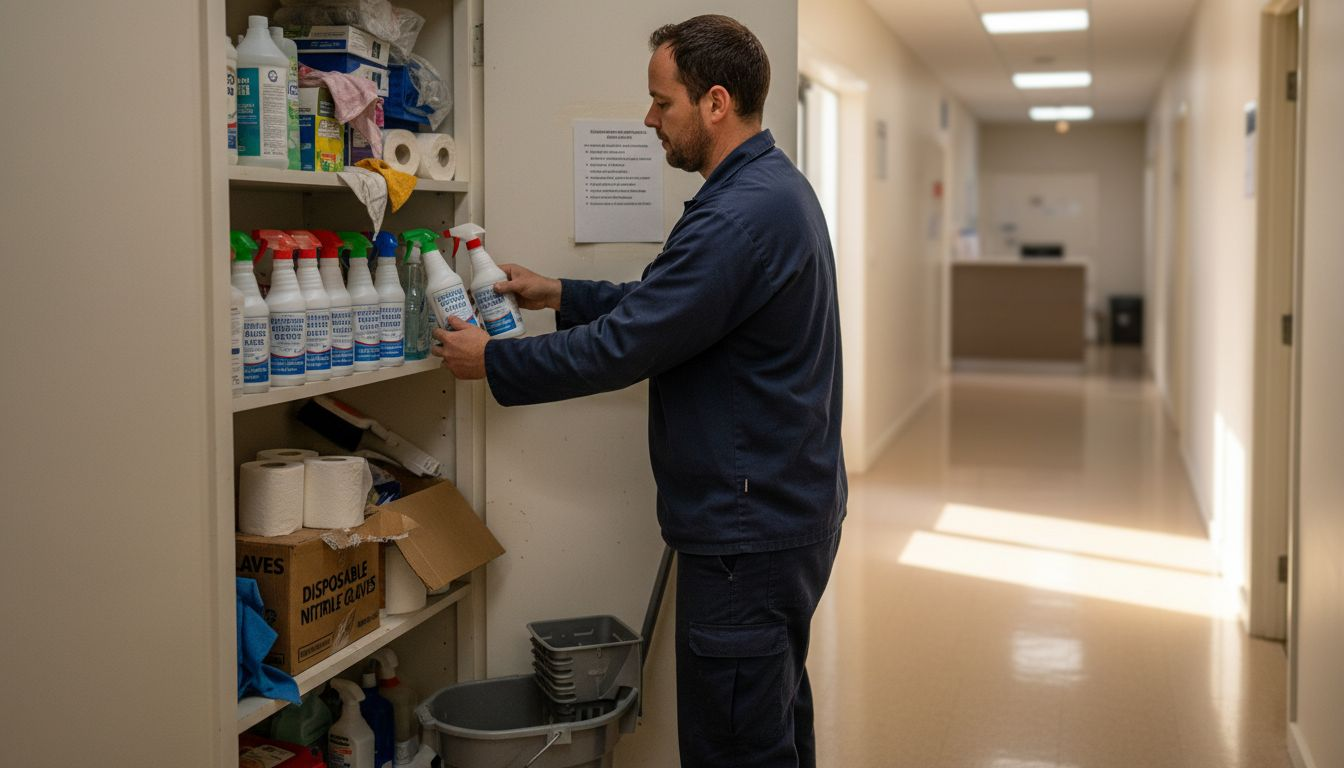Cleaning supplies stored in medical cupboard