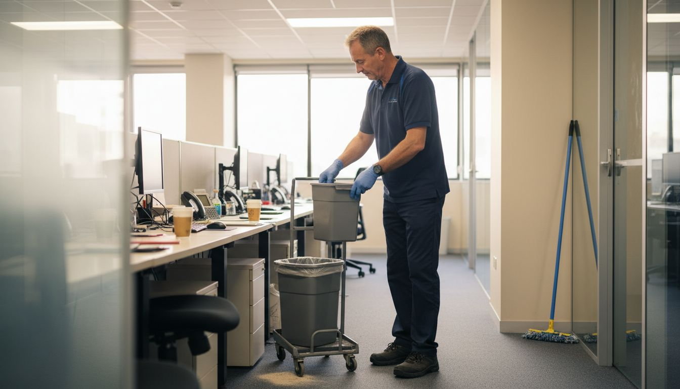 Cleaner performing routine office cleaning tasks