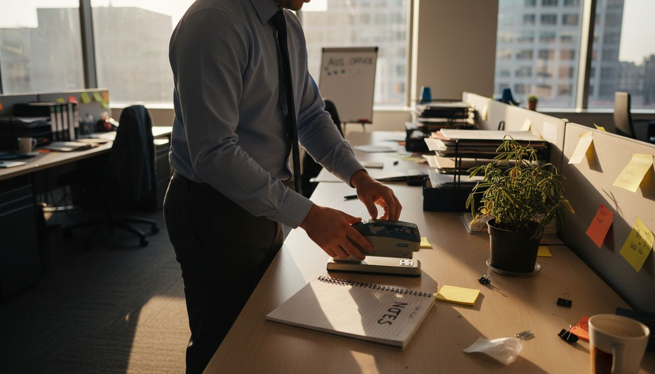 Worker organizing cluttered office desk