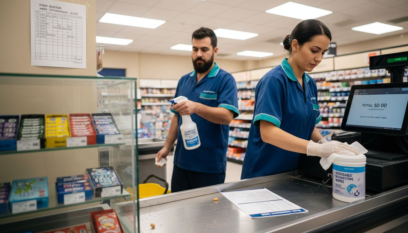 Cleaning crew disinfecting retail counter area