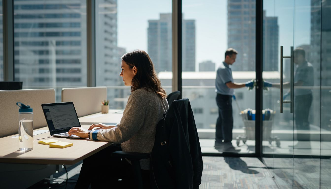 Employee working as cleaner disinfects office door