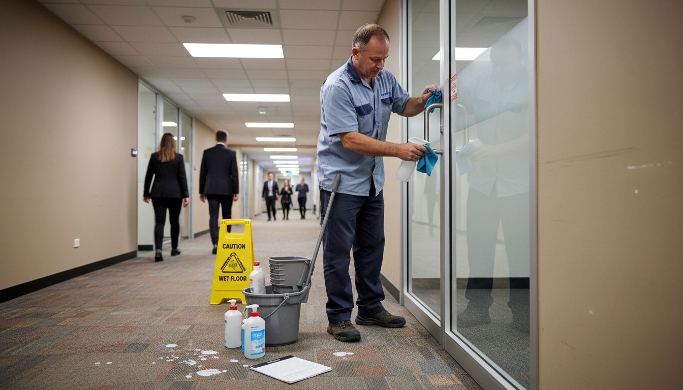 Janitor disinfects door handles in office