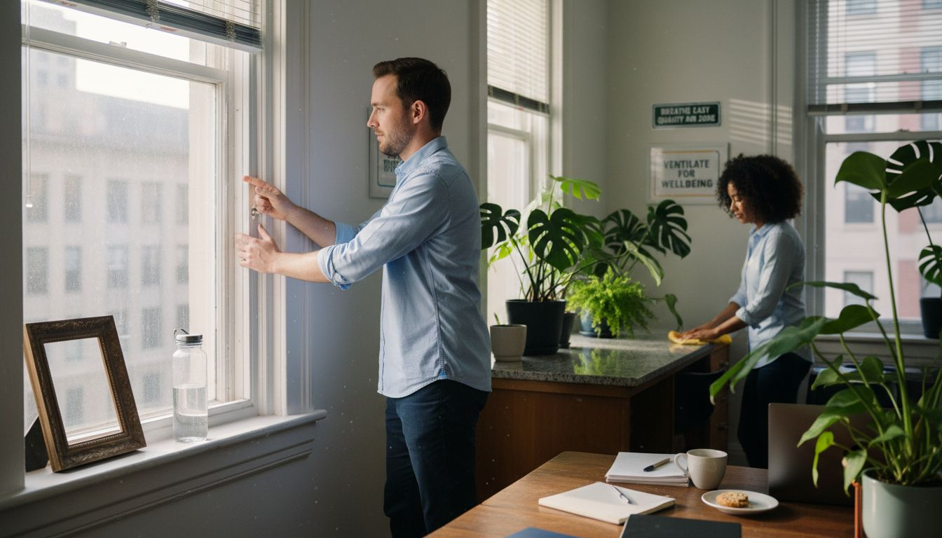 Health-focused workplace with open window and plants