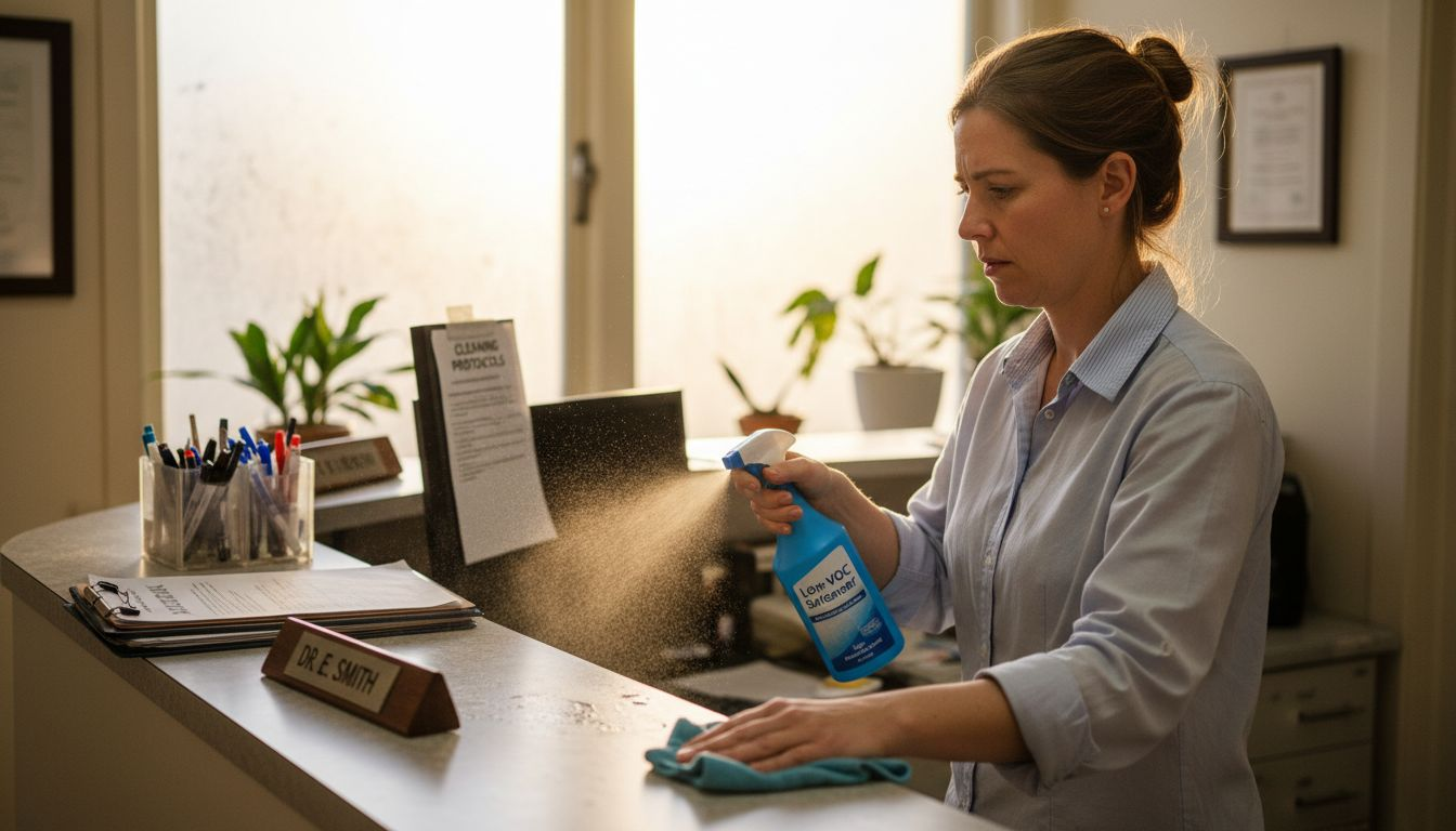 Receptionist using green cleaning spray