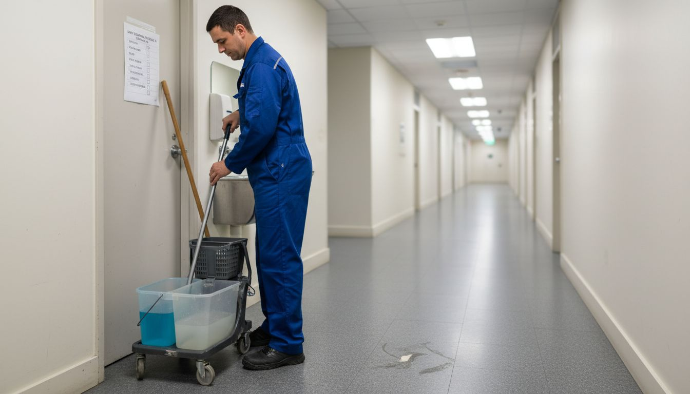 Janitor fills double-bucket mop in hallway