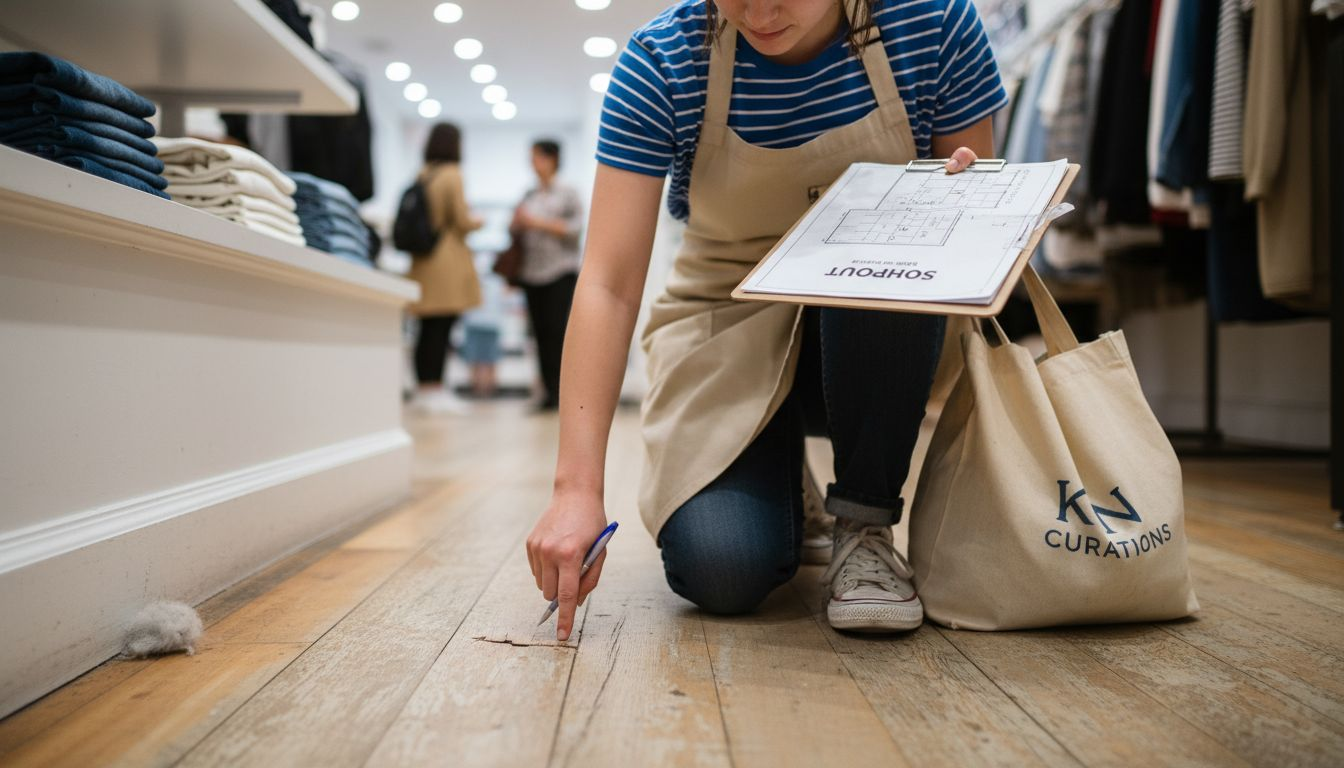 Staff assessing retail floor damage and note-taking