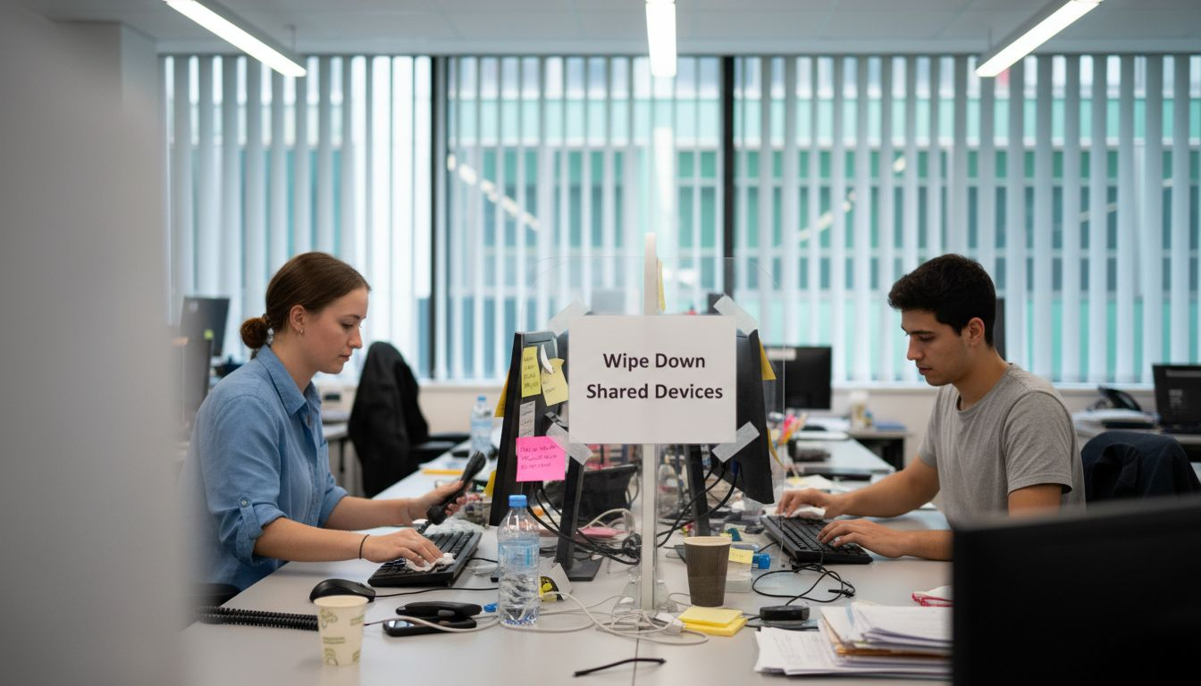 Staff wiping phone and keyboard in shared office