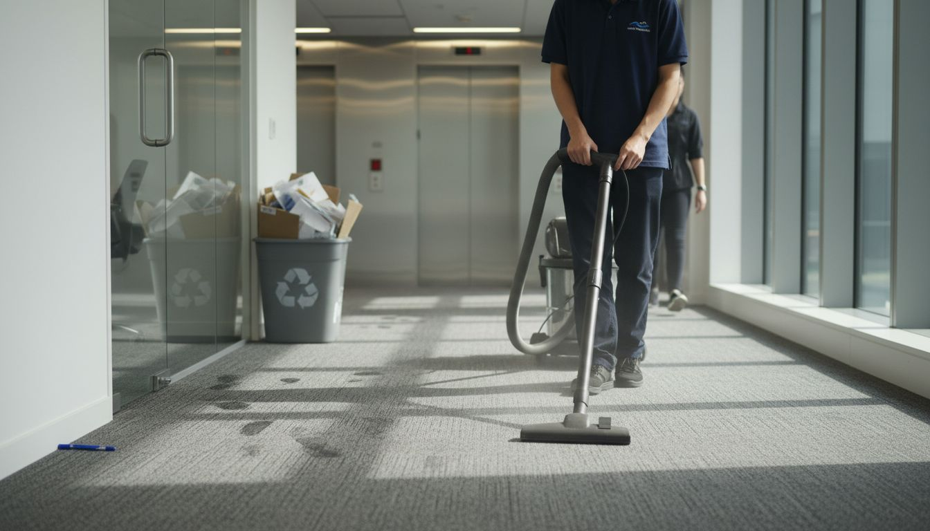 Cleaner vacuuming busy office carpeted hallway
