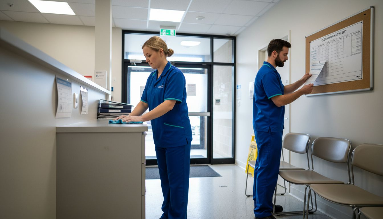 Commercial cleaners disinfecting clinic surfaces