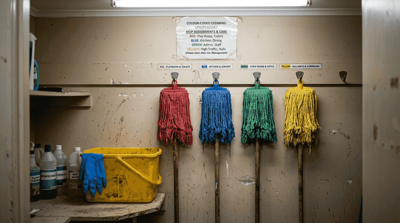Color coded mops in labelled closet storage