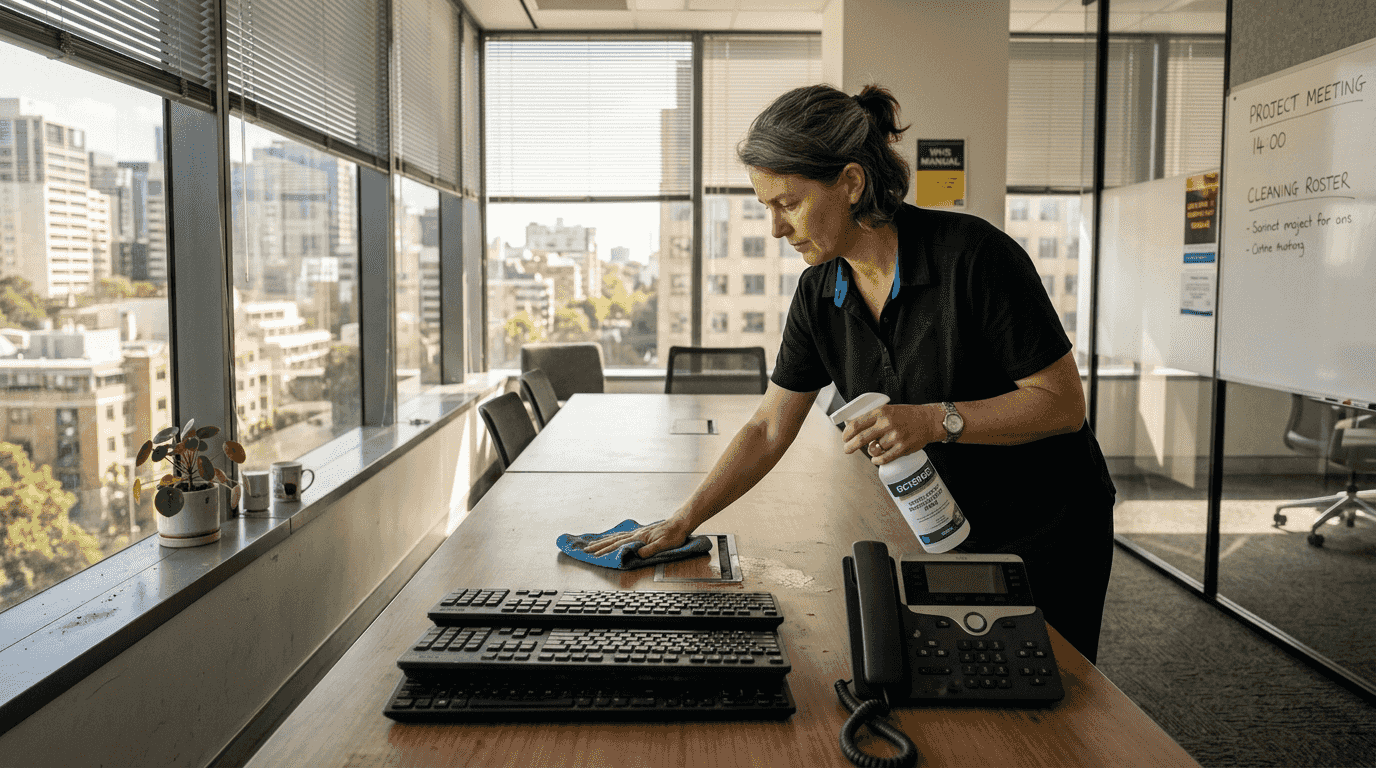 Woman cleans shared office equipment surfaces