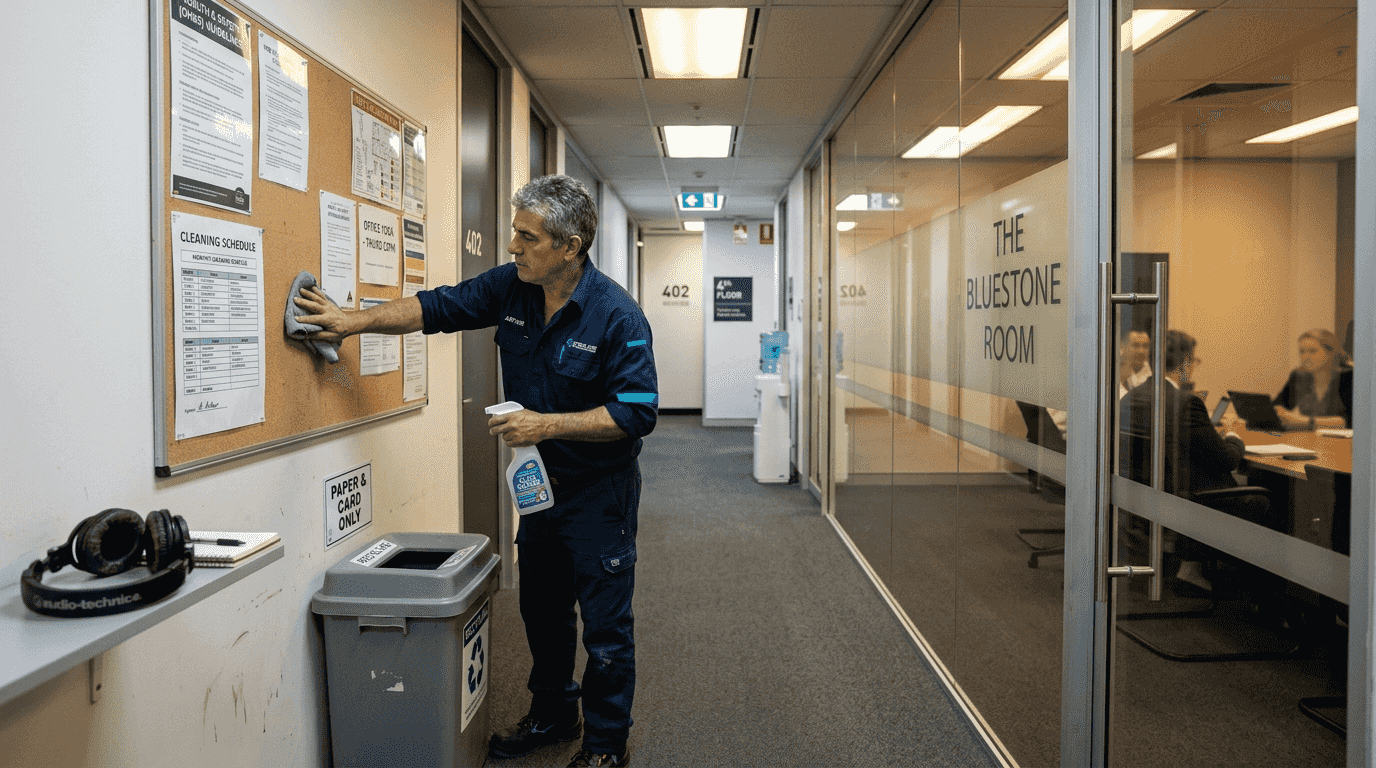 Janitor cleaning near posted schedule in office hallway