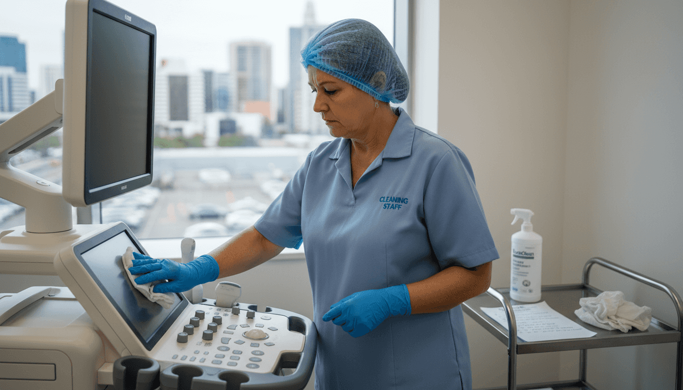Staff cleaning shared medical equipment surface