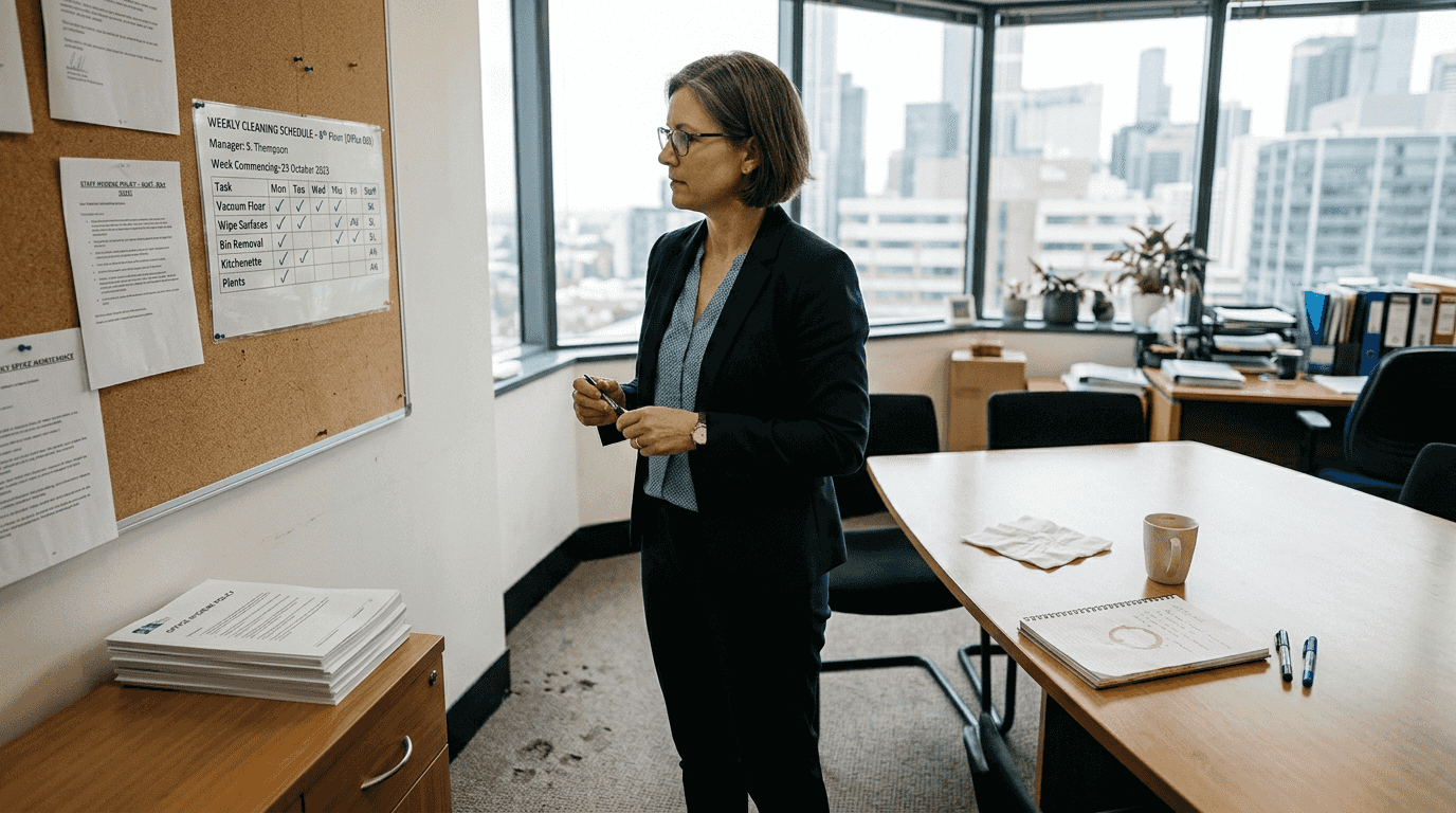Manager reviewing office hygiene schedule
