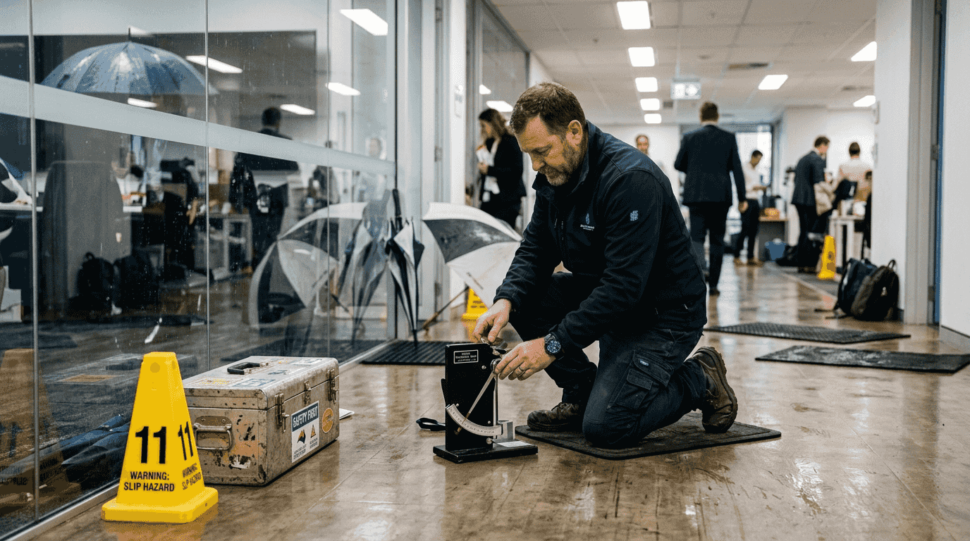 Inspector testing slip resistance on office floor