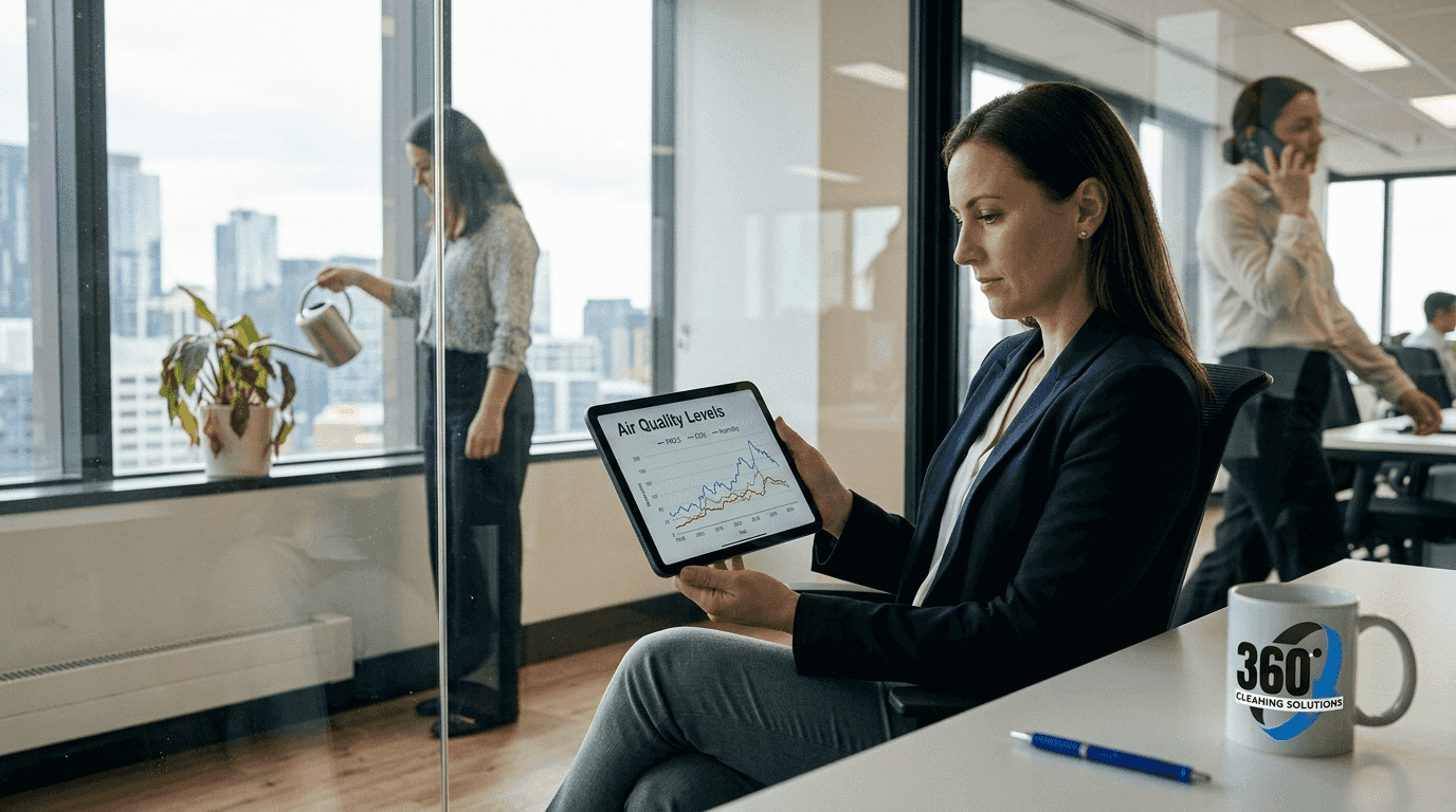 Manager checking air quality audit in office