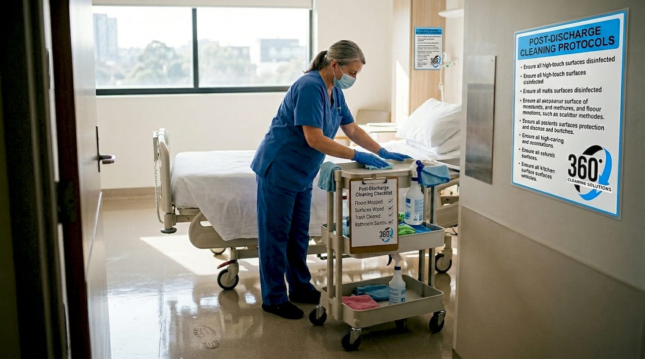 Hospital cleaner following strict compliance protocols