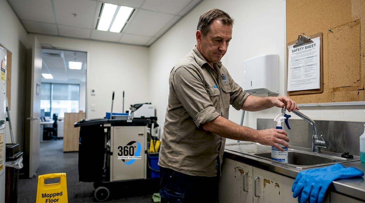 Janitor demonstrates safety protocol at utility sink