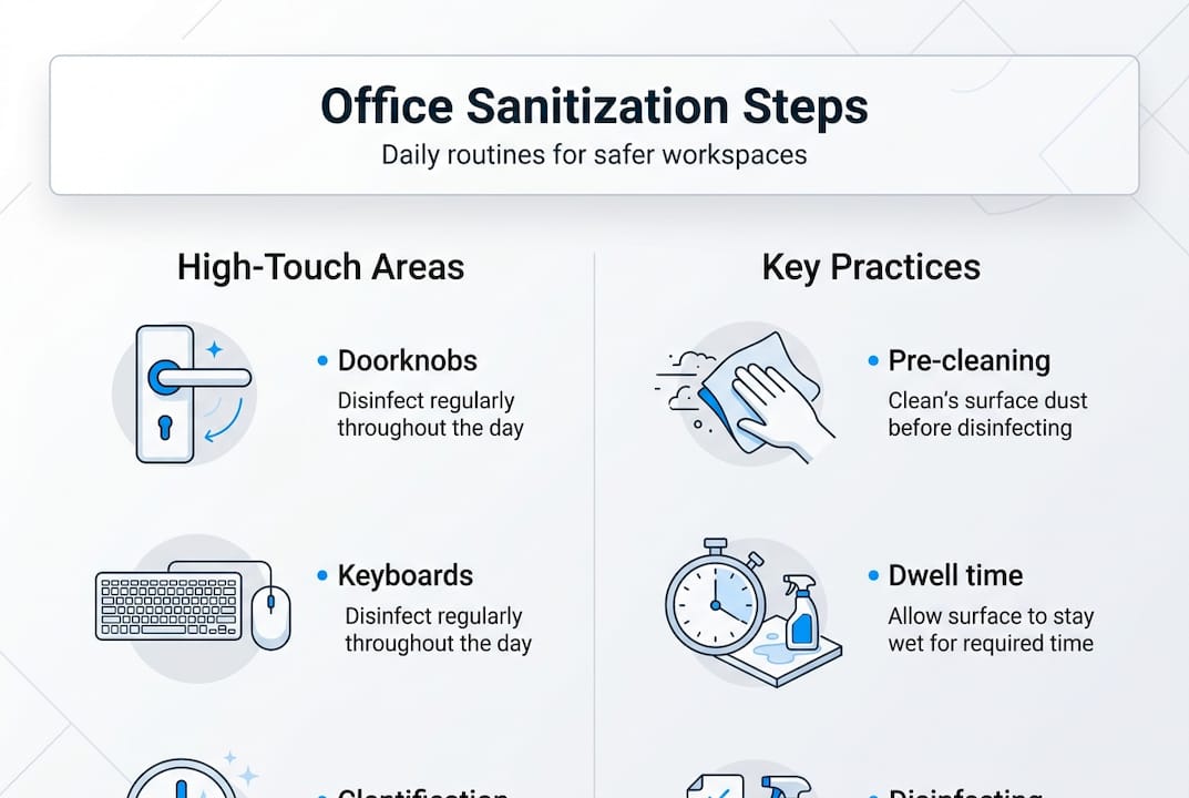 Infographic on office sanitization steps and areas